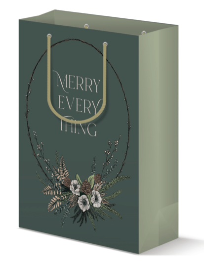 Standing photo of green gift bag with modern wreath that says "Merry Everything", by Rust Belt Love