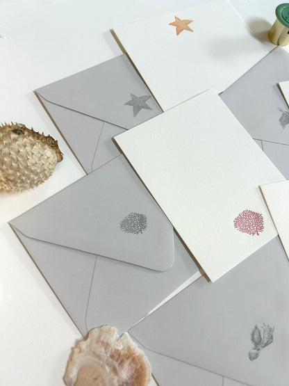Style shot of letterpress note cards with various seaside designs with matching grey envelopes. Flat cards designed by Rust Belt Love