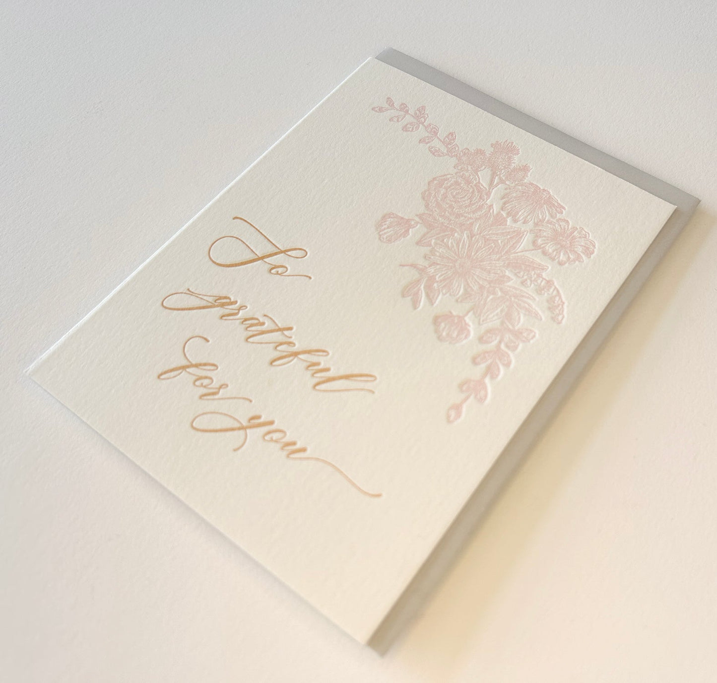 Letterpress thank you card with florals that says "So grateful for you" by Rust Belt Love