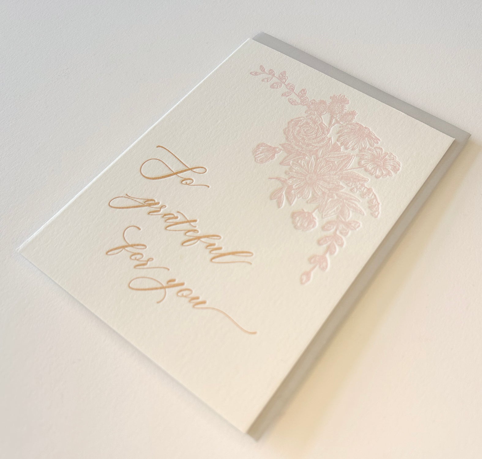 Letterpress thank you card with florals that says "So grateful for you" by Rust Belt Love