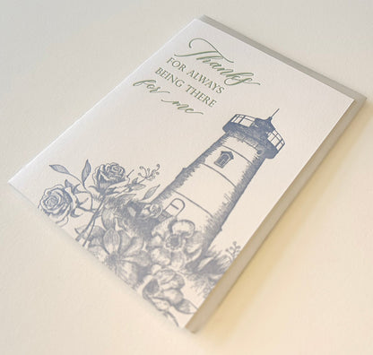 Letterpress thank you card with florals and a lighthouse that says "Thank you for always being there for me" by Rust Belt Love