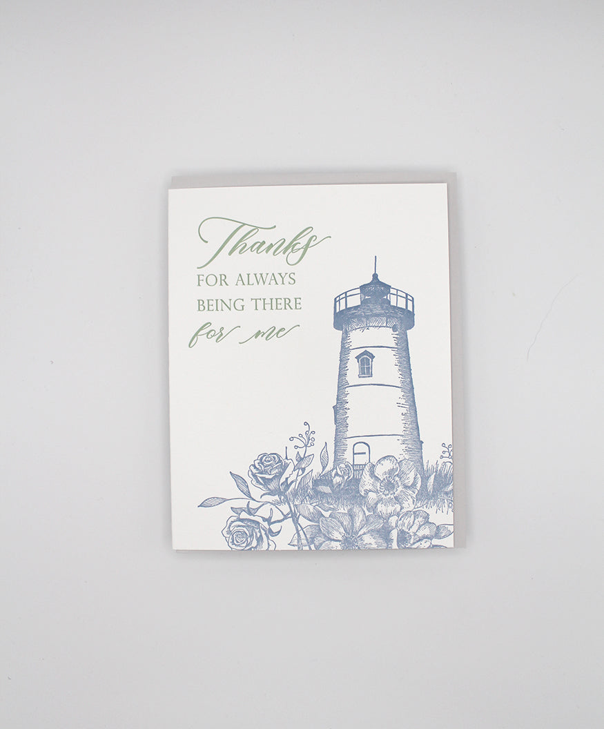Letterpress thank you card with florals and a lighthouse that says "Thank you for always being there for me" by Rust Belt Love
