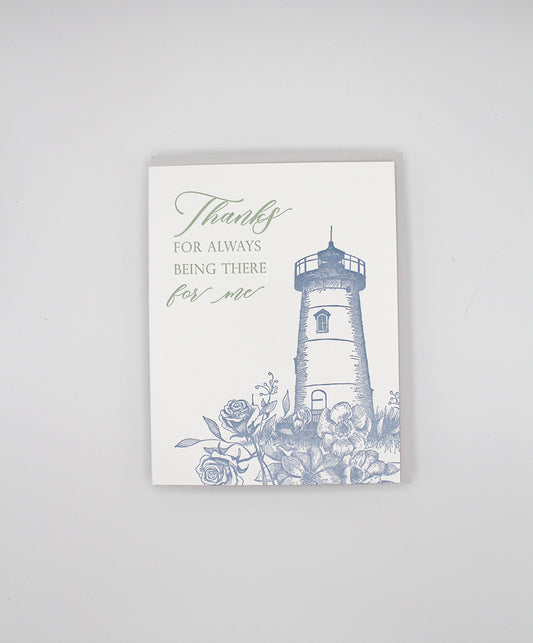 Letterpress thank you card with florals and a lighthouse that says "Thank you for always being there for me" by Rust Belt Love
