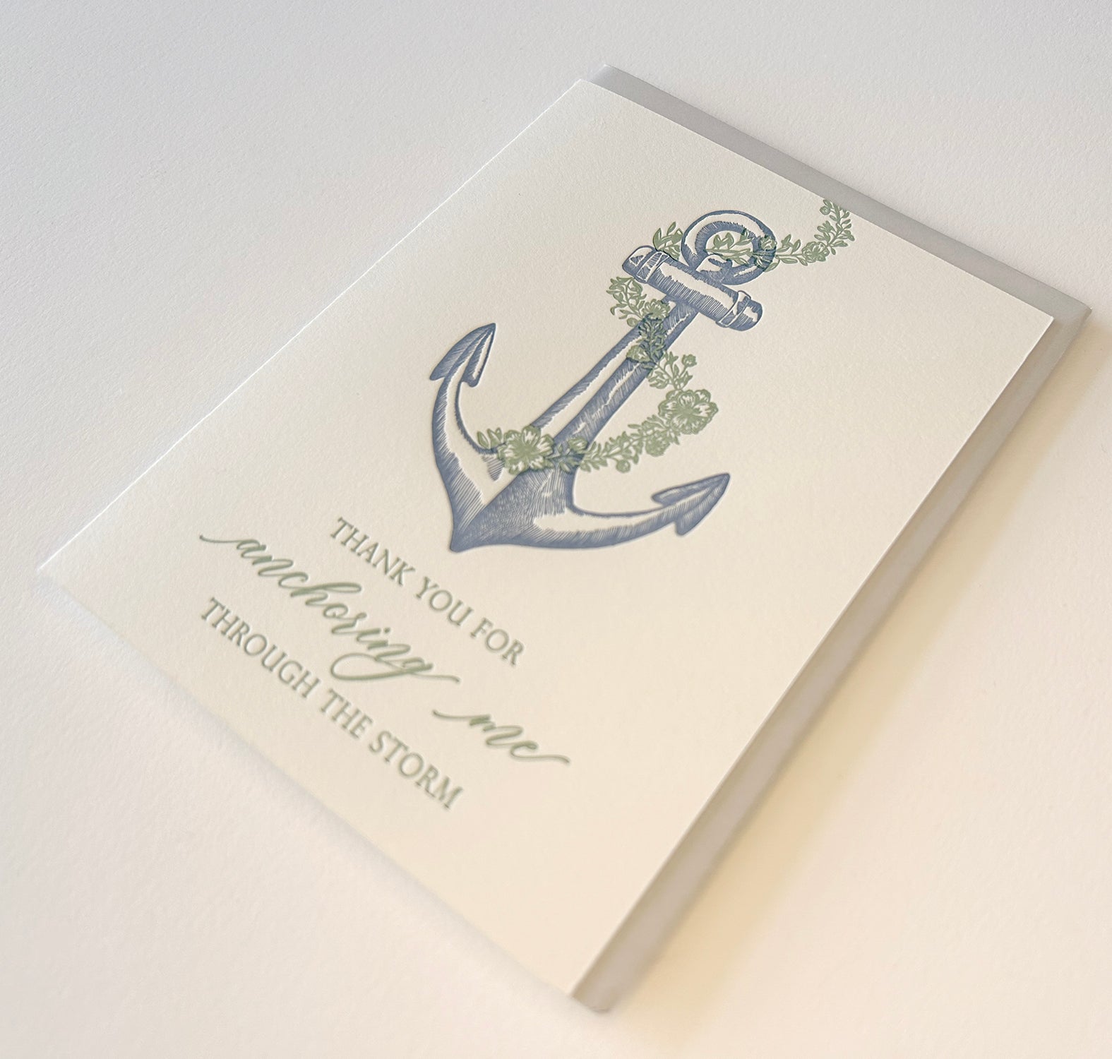 Letterpress thank you card with an anchor that says "Thank you for anchoring me through the storm" by Rust Belt Love