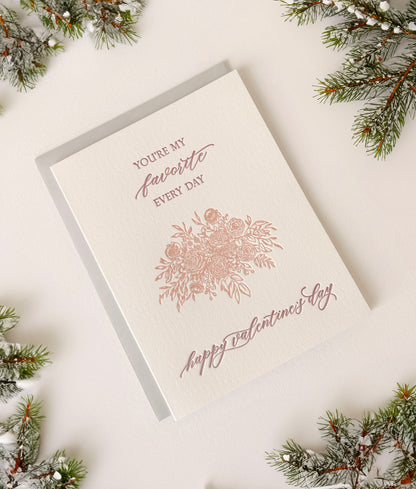 Letterpress valentine card with florals that says "You're My Favorite Every Day Happy Valentine's Day" by Rust Belt Love