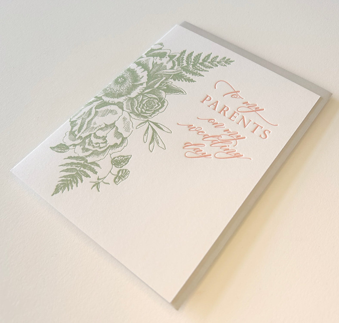 Letterpress wedding card with florals that says "to my parents on my wedding day" by Rust Belt Love