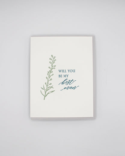 Letterpress wedding card with greenery that says " Will You Be My Best Man" by Rust Belt Love