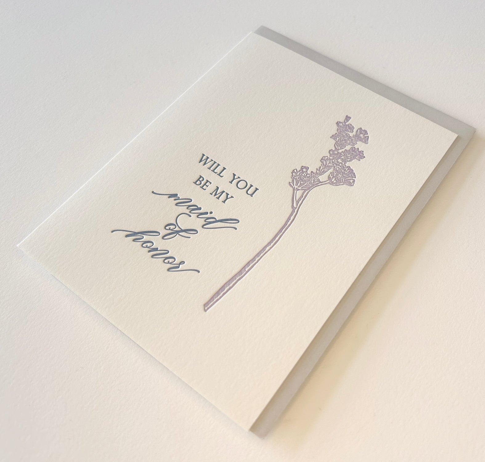 Letterpress wedding card with florals that says " Will You Be My Maid of Honor" by Rust Belt Love