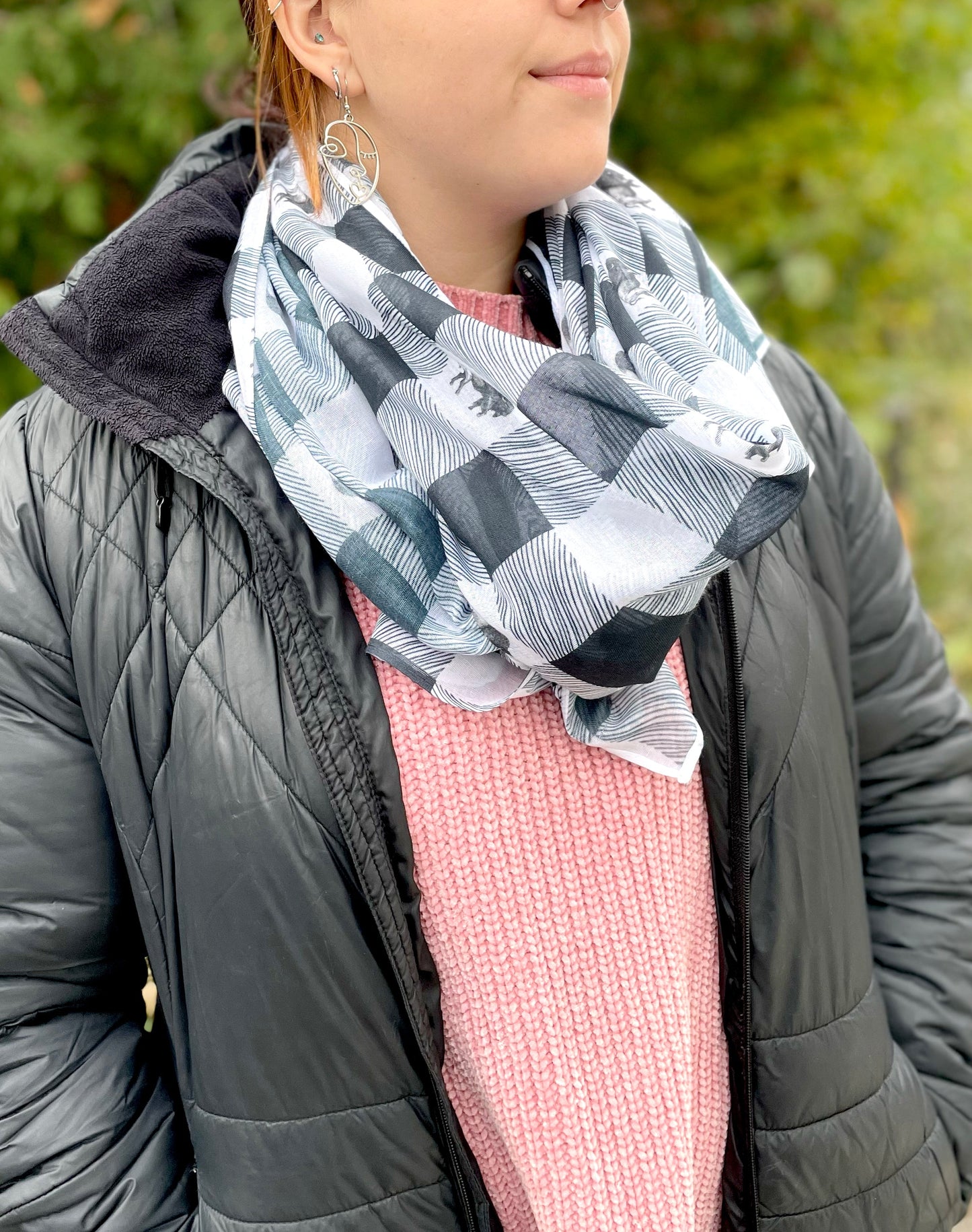 Woman modeling white plaid buffalo scarf by Rust Belt Love