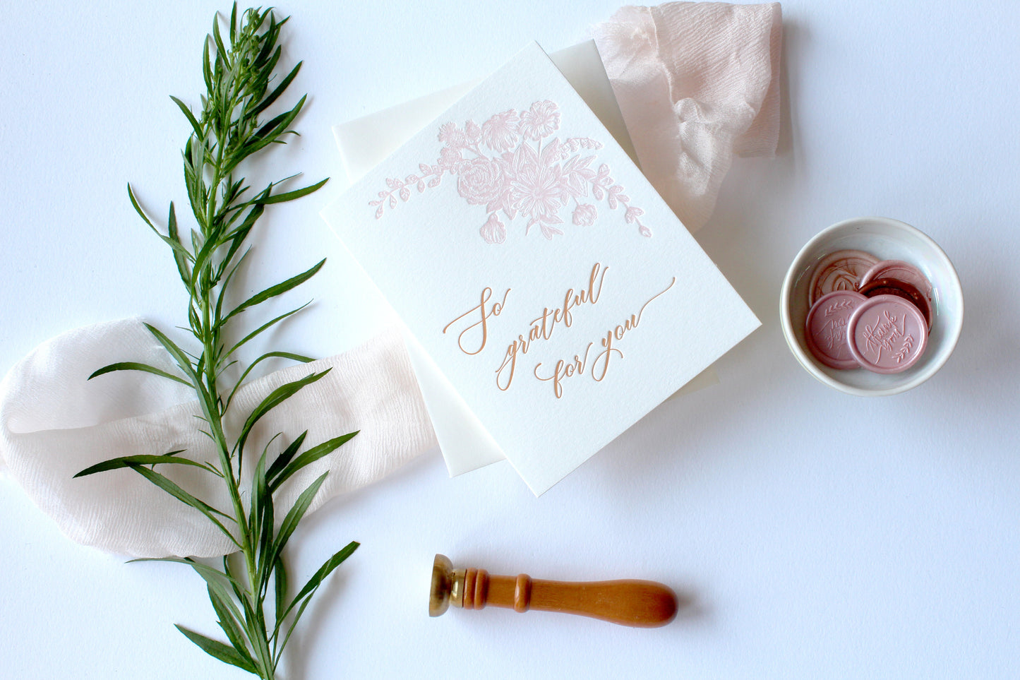 Letterpress thank you card with florals that says "So grateful for you" by Rust Belt Love