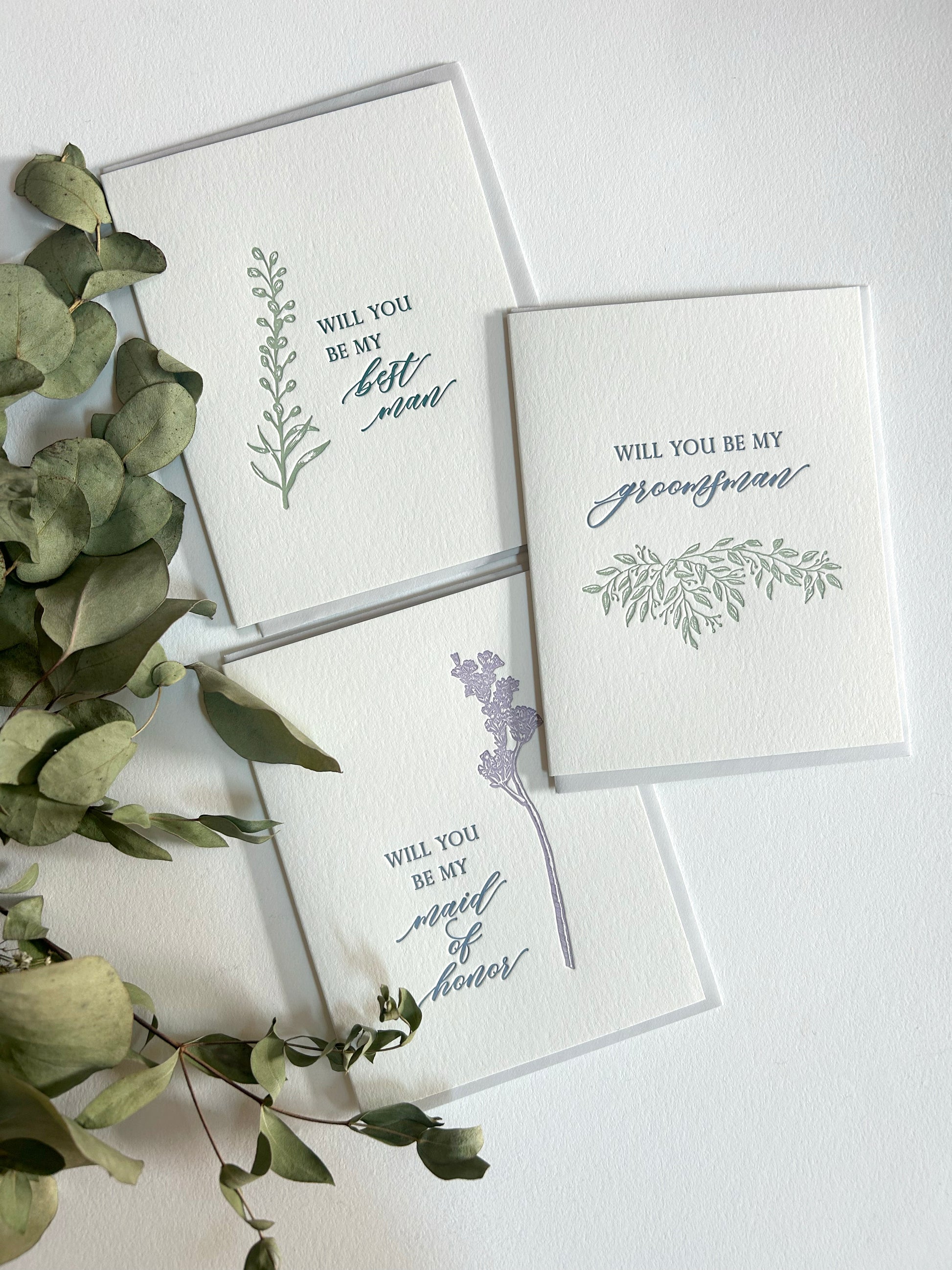 A variety of Rust Belt Love's letterpress wedding greeting cards with small florals.